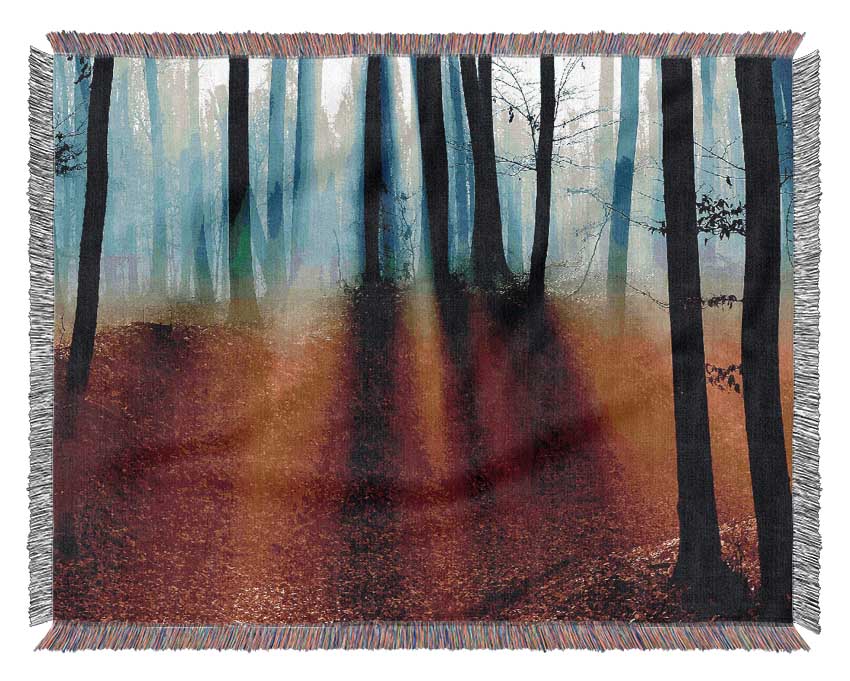 Autumn Forest Blue Sun Beams Woven Blanket