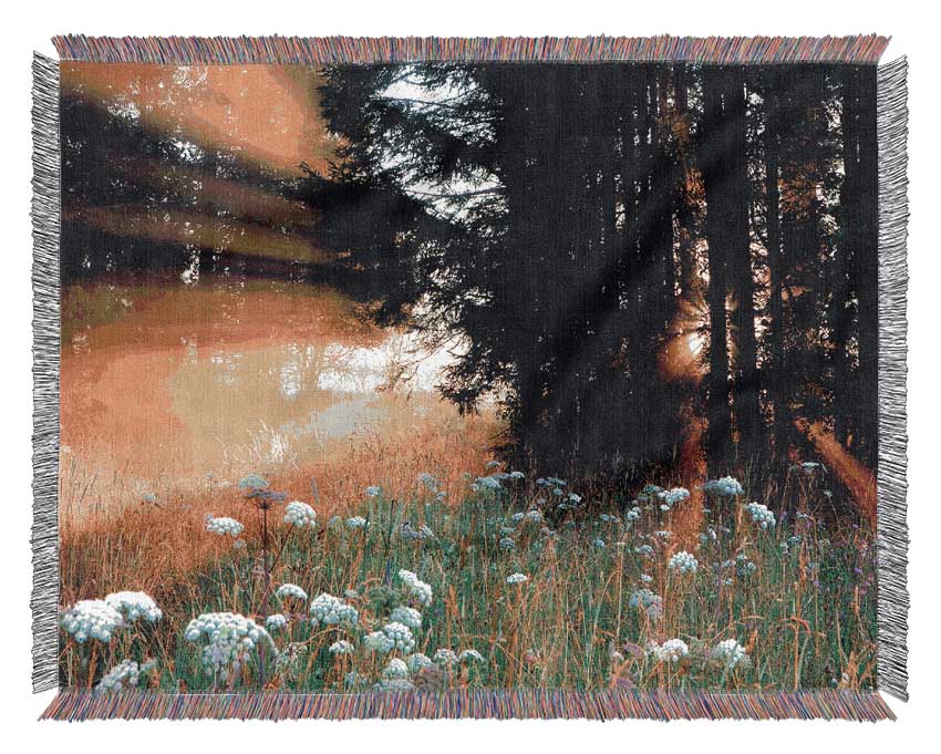 Sunrays Through The Forest Flowers Woven Blanket