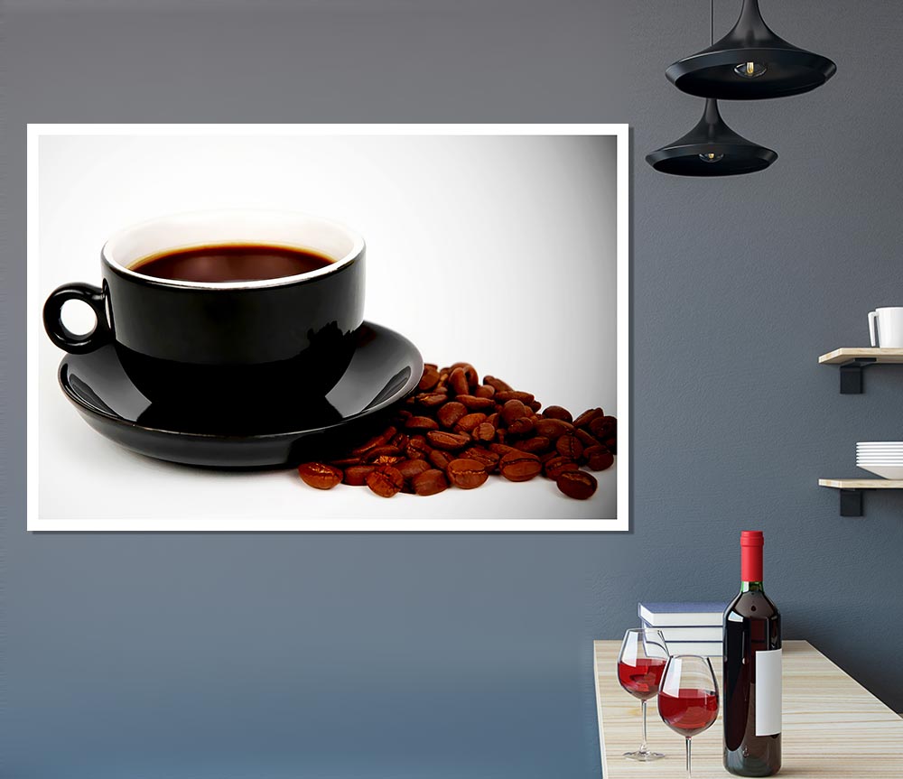 Black Coffee With Beans Print Poster Wall Art