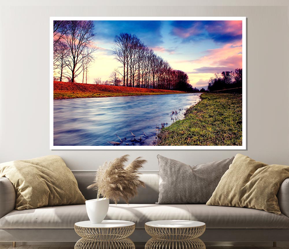 Countryside Stream At Sunset Print Poster Wall Art