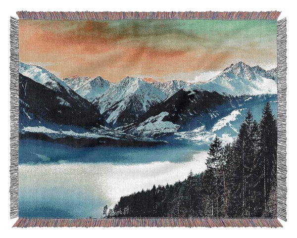 Snowy Mountains And Fog Filled Valley Woven Blanket