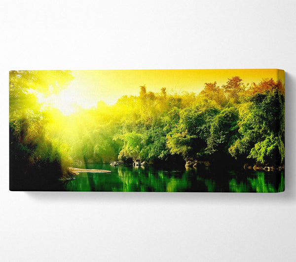Üppig grüner Waldfluss bei Sonnenaufgang