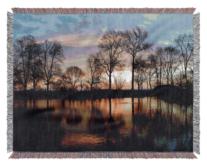 Woodland Lake At First Light Woven Blanket