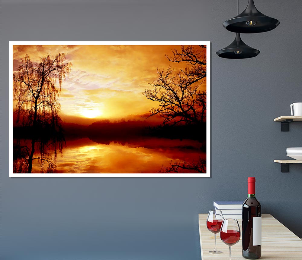 Golden Clouds Over The Lake Print Poster Wall Art