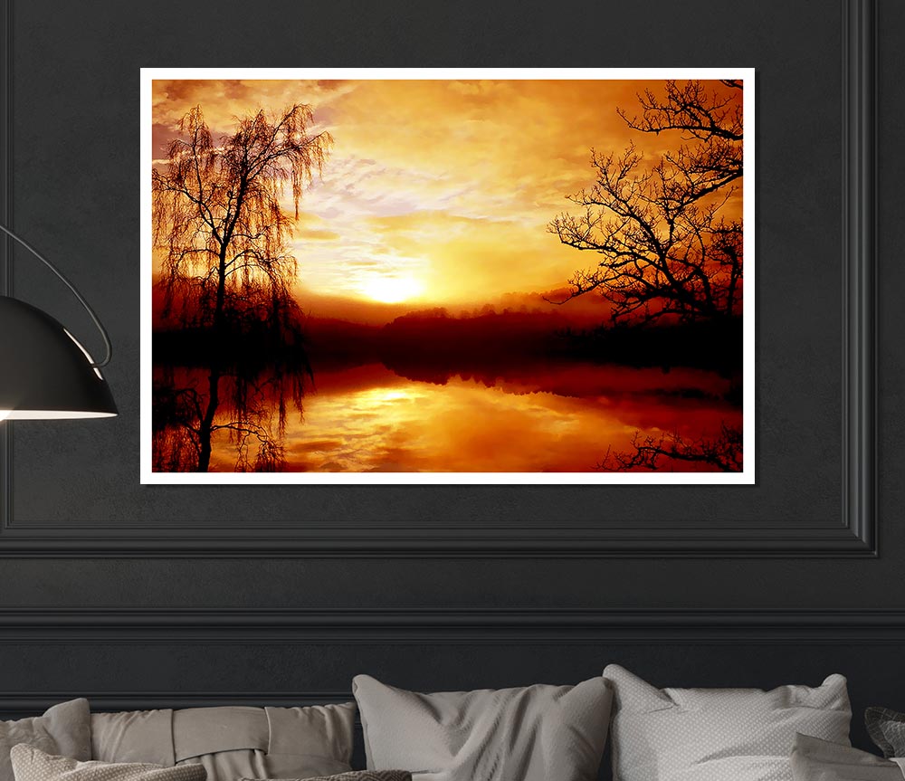 Golden Clouds Over The Lake Print Poster Wall Art