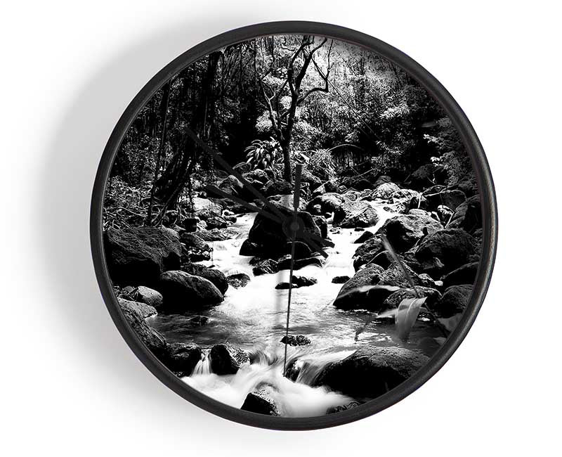 The Stream In The Woodland B n W Clock - Wallart-Direct UK