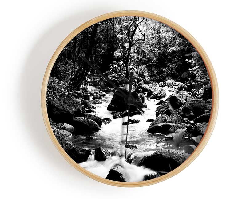 The Stream In The Woodland B n W Clock - Wallart-Direct UK