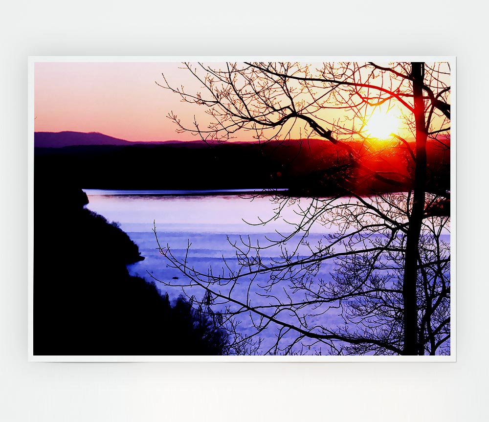 Blazing Red Sun Over The Winter Lake Print Poster Wall Art