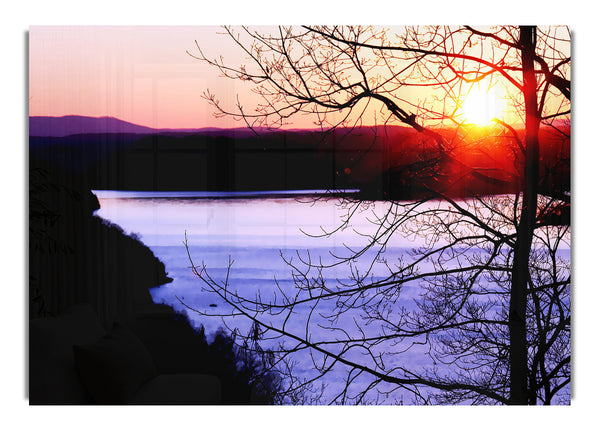 Blazing Red Sun Over The Winter Lake