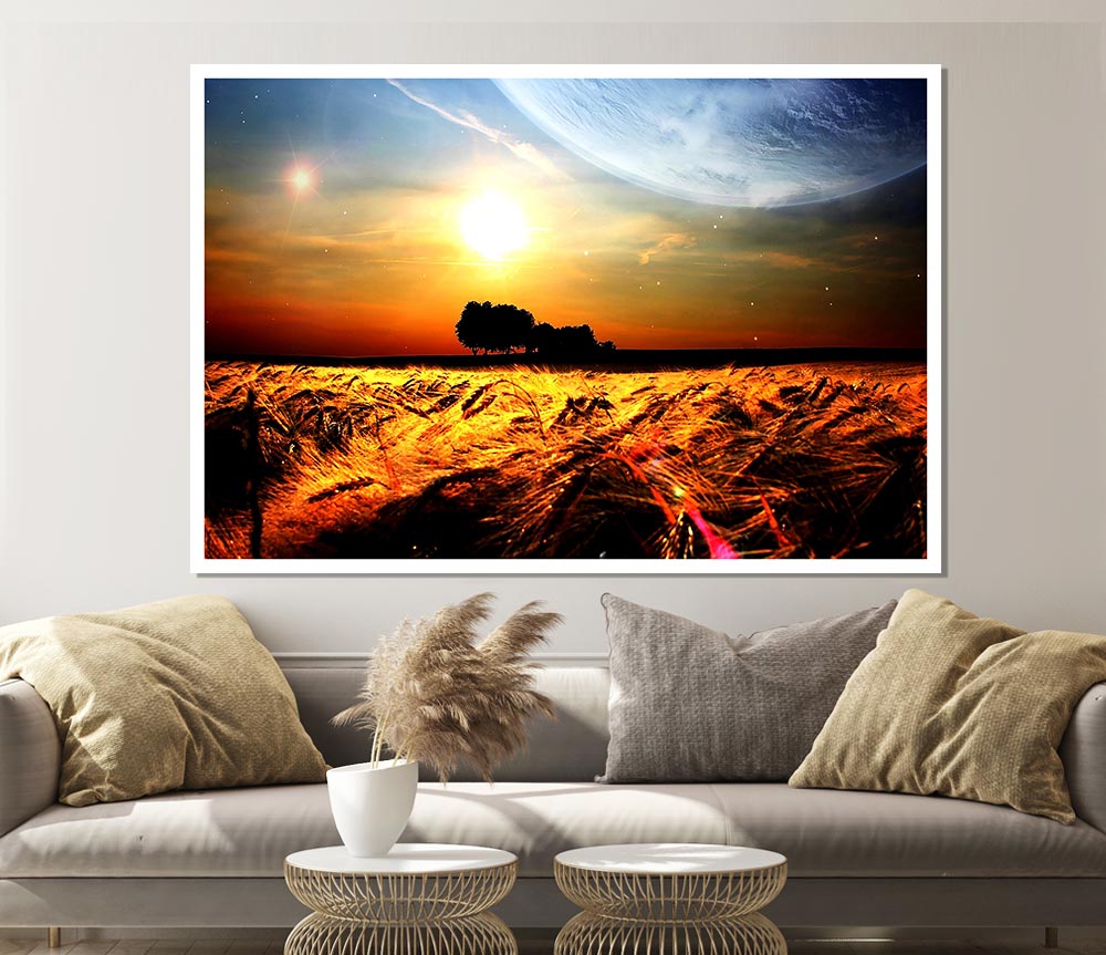 Fields Wheat In The Planets Golden Sun Print Poster Wall Art