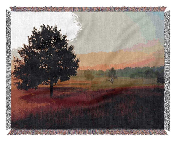 Autumn Sunrise Tree In The Mist Woven Blanket