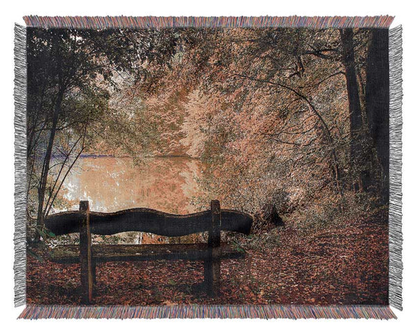 Empty Bench In Fall Scene Woven Blanket