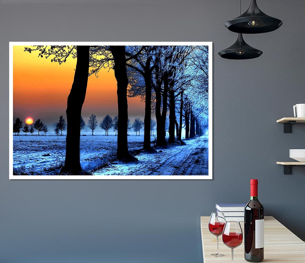 Winter Landscape With Orange Sky Print Poster Wall Art