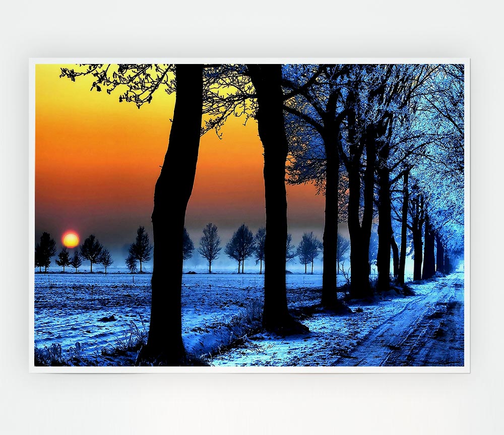 Winter Landscape With Orange Sky Print Poster Wall Art