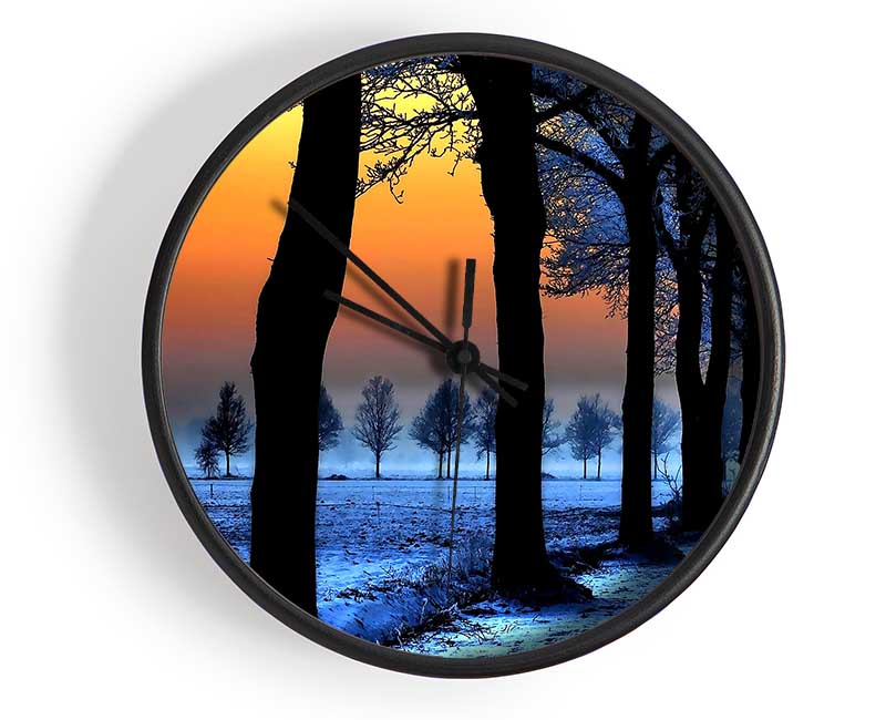 Winter Landscape With Orange Sky Clock - Wallart-Direct UK