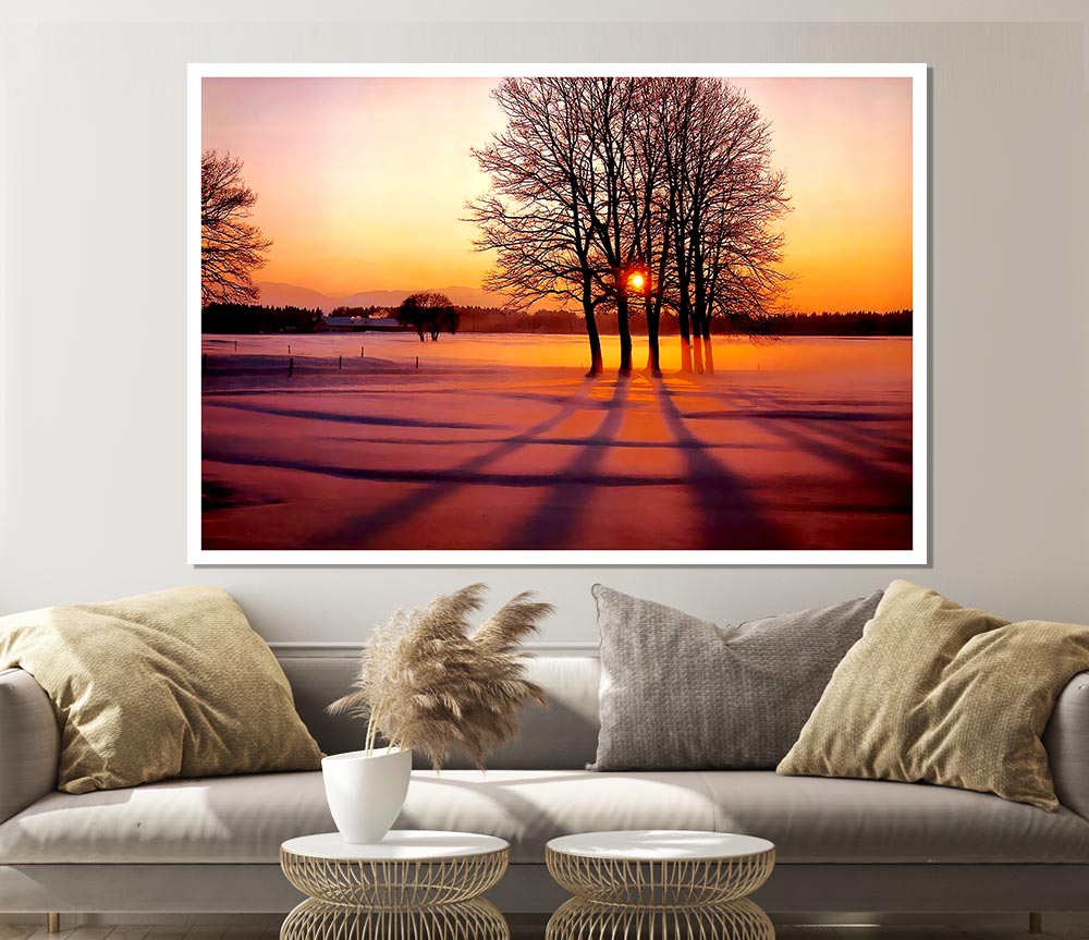Winter Tree Sunrise Pinks Print Poster Wall Art