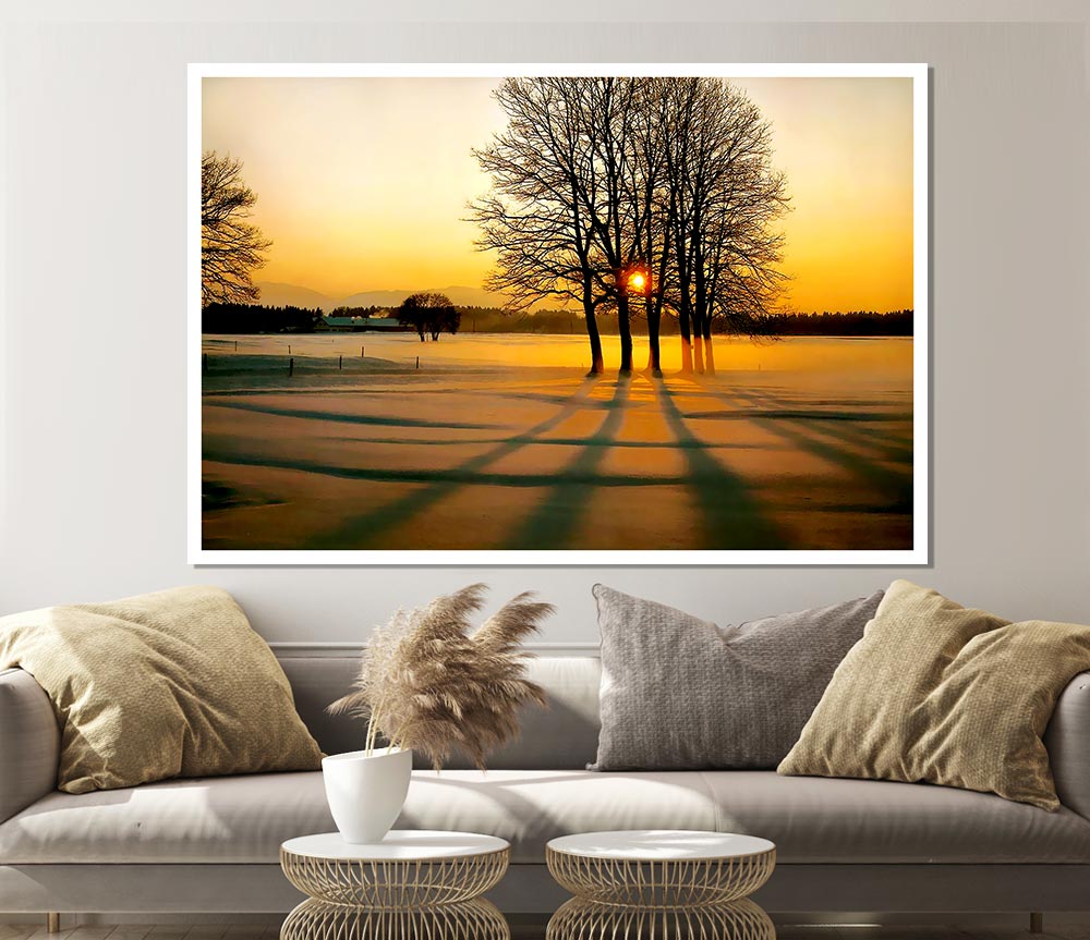 Winter Tree Sunrise Golden Print Poster Wall Art