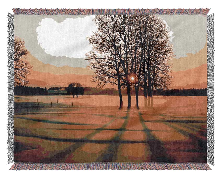 Winter Tree Sunrise Golden Woven Blanket