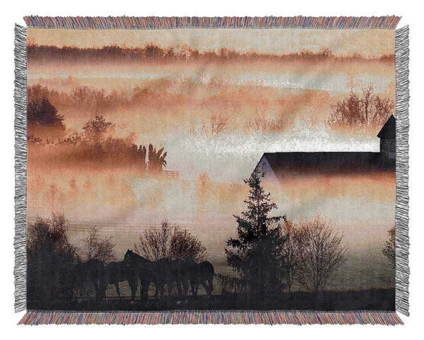Horses In The Morning Mist Woven Blanket