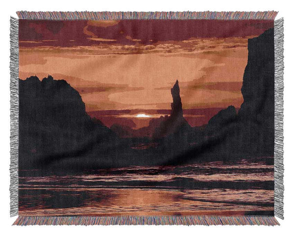 Tranquil Orange Ocean Rocks Woven Blanket