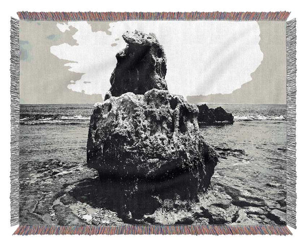 The Rock Of The Ocean B n W Woven Blanket