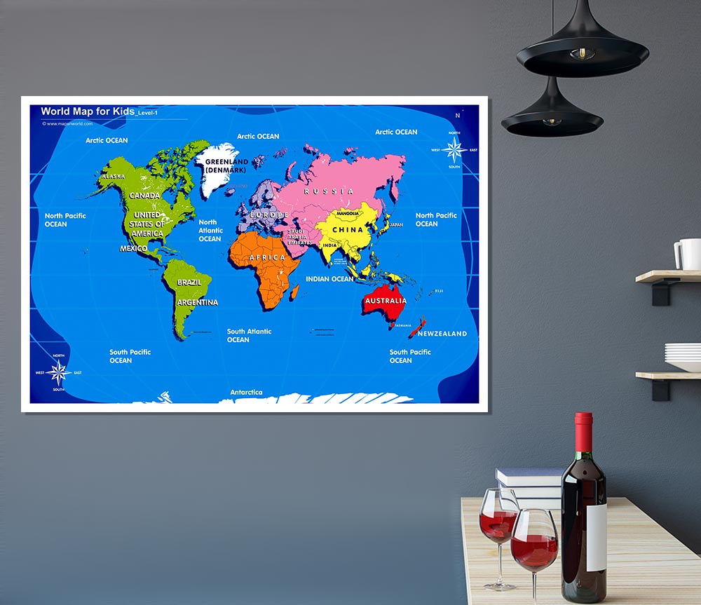 World Map For Kids Print Poster Wall Art