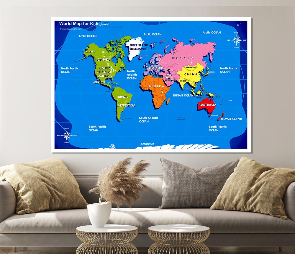 World Map For Kids Print Poster Wall Art