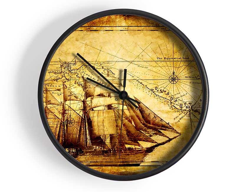 Old World Map With Ship Clock - Wallart-Direct UK