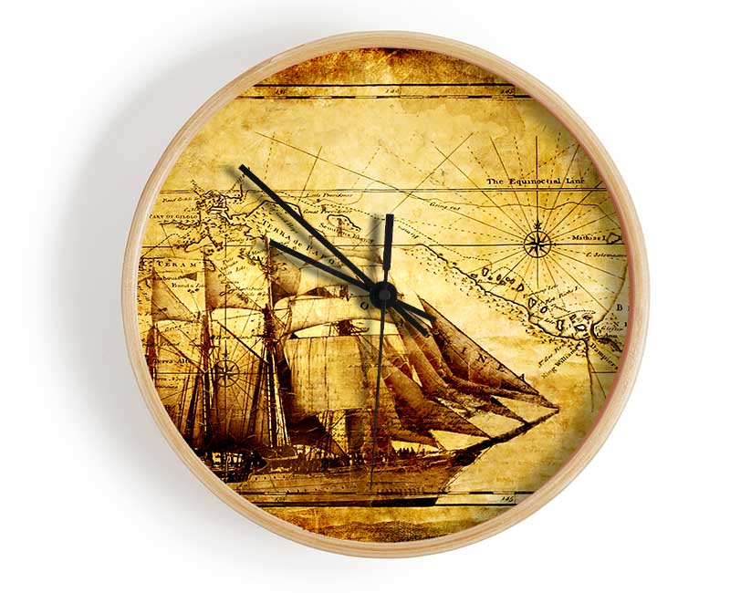 Old World Map With Ship Clock - Wallart-Direct UK