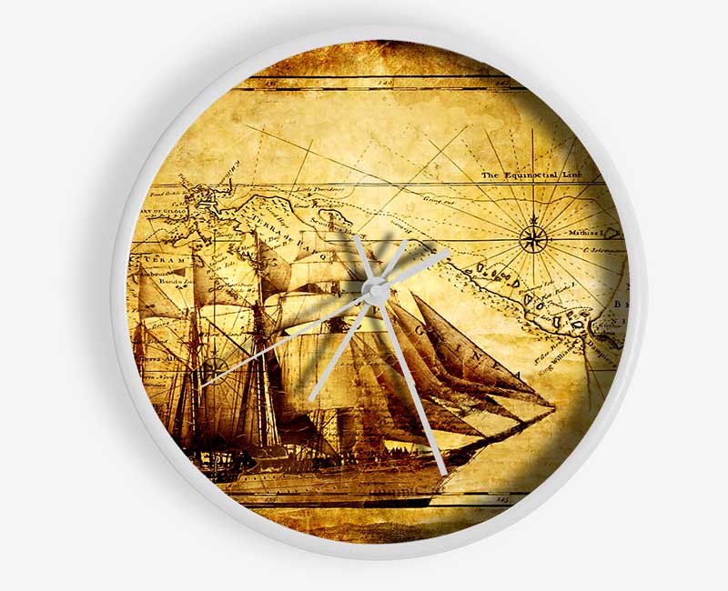 Old World Map With Ship Clock - Wallart-Direct UK