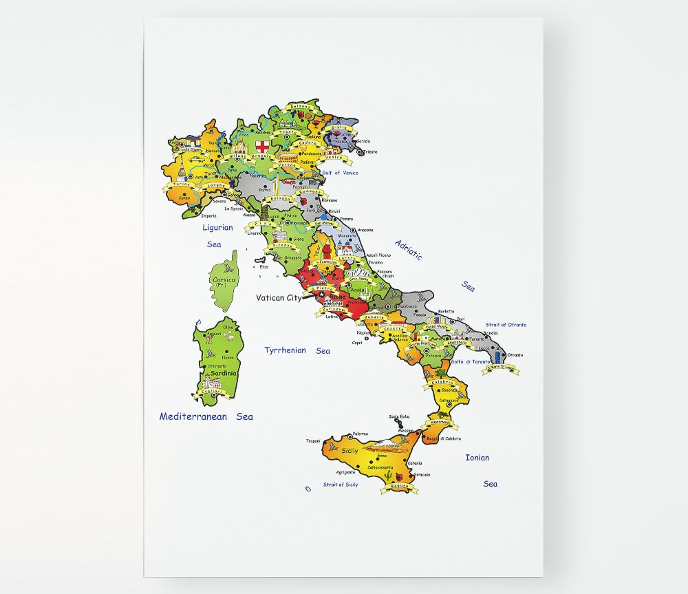 Travel Map Of Italy Print Poster Wall Art