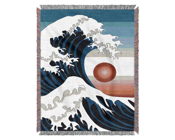 The Waves Over The Red Sun Woven Blanket