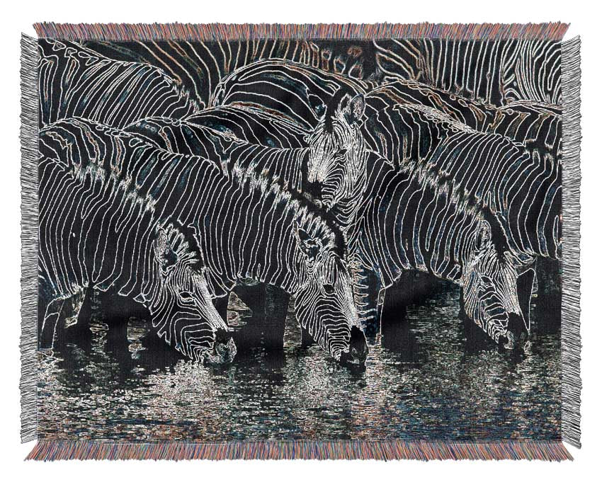 Zebra At The Watering Hole Woven Blanket