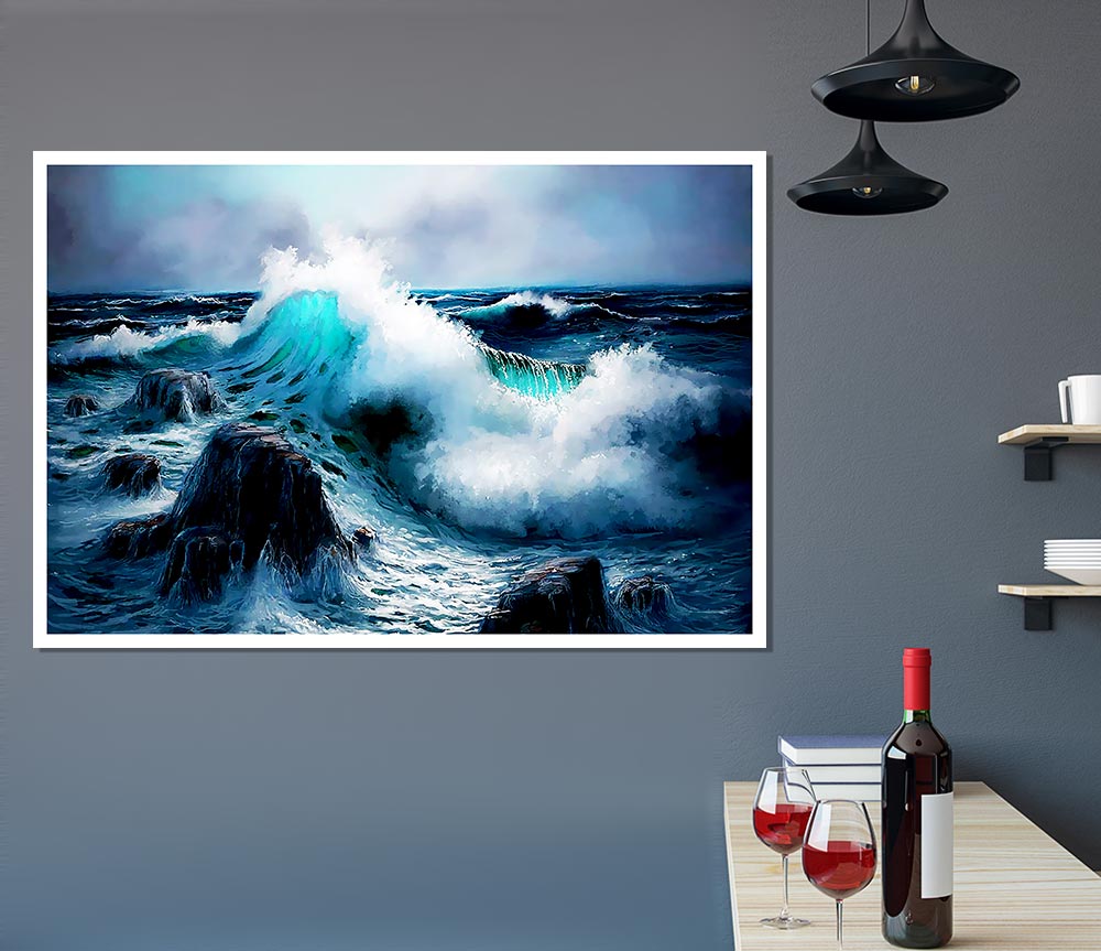 Waves Crashing On The Ocean Rocks Print Poster Wall Art
