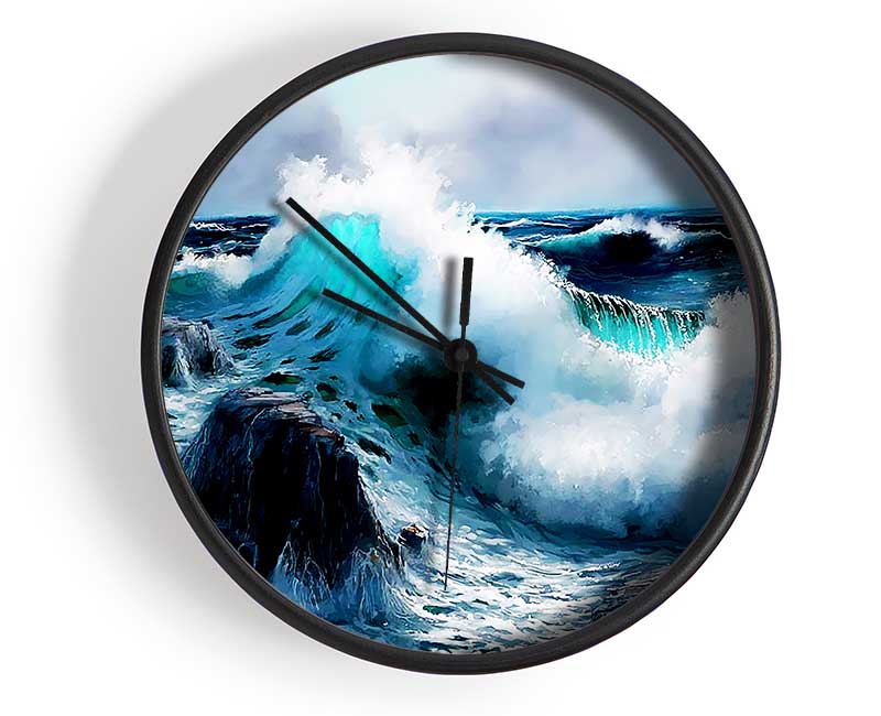 Waves Crashing On The Ocean Rocks Clock - Wallart-Direct UK