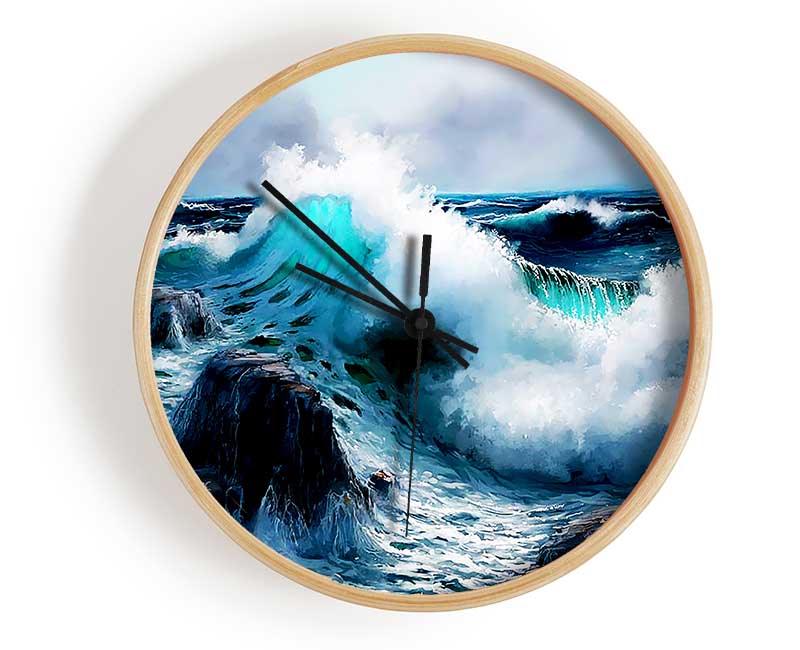 Waves Crashing On The Ocean Rocks Clock - Wallart-Direct UK