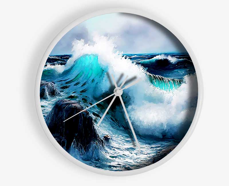 Waves Crashing On The Ocean Rocks Clock - Wallart-Direct UK
