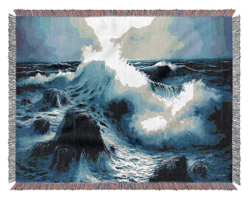 Waves Crashing On The Ocean Rocks Woven Blanket