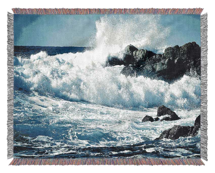 Waves Crashing On Rocks Woven Blanket