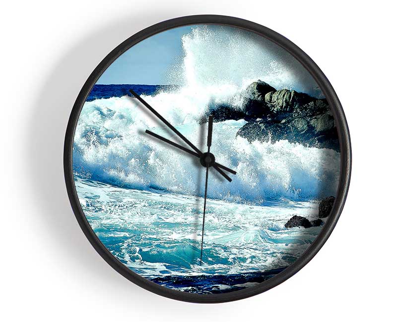 Waves Crashing On Rocks Clock - Wallart-Direct UK