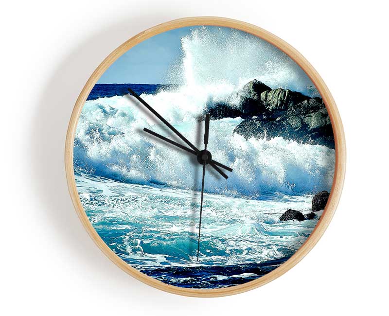 Waves Crashing On Rocks Clock - Wallart-Direct UK