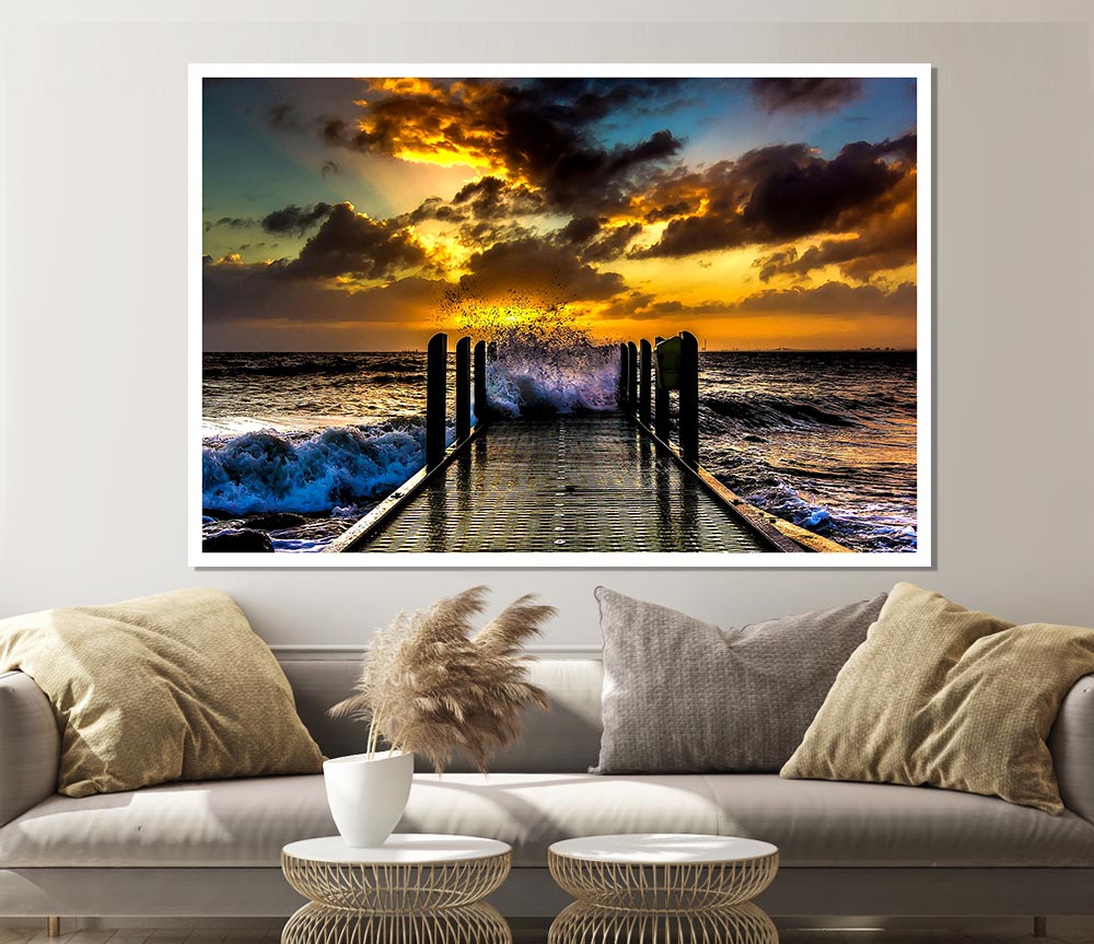 Waves Crashing On The Pier At Sunset Print Poster Wall Art