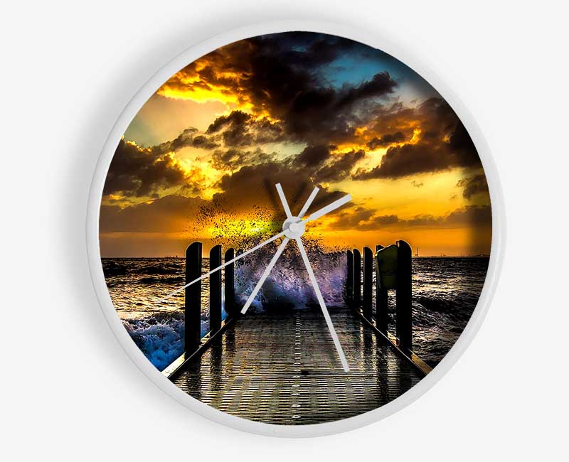 Waves Crashing On The Pier At Sunset Clock - Wallart-Direct UK