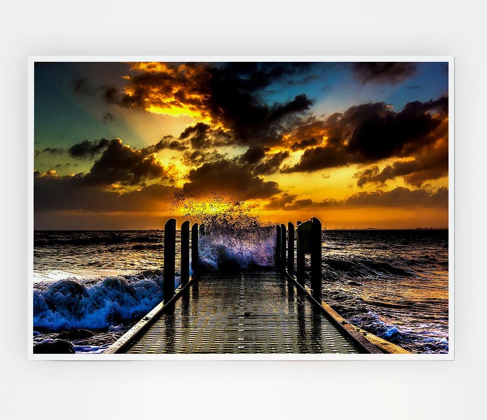 Waves Crashing On The Pier At Sunset Print Poster Wall Art