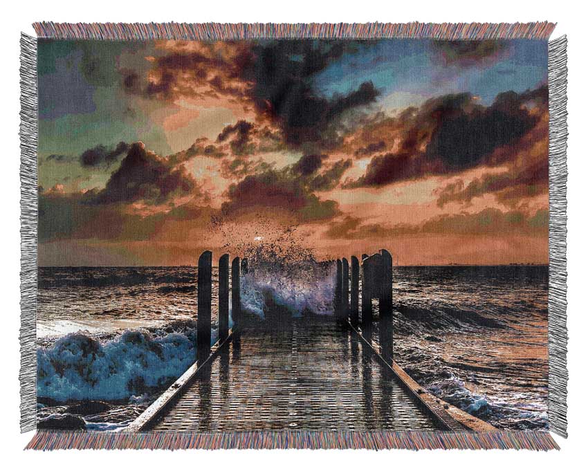 Waves Crashing On The Pier At Sunset Woven Blanket