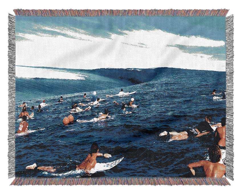 Surfers Hunt For The Ultimate Wave Woven Blanket