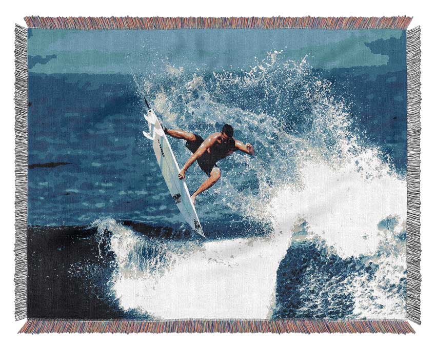 Surfer Jumping The Wave Woven Blanket