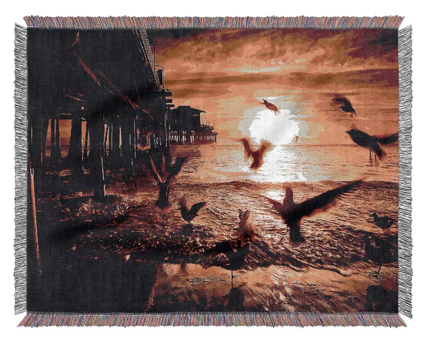 Sea And Fly Birds Woven Blanket