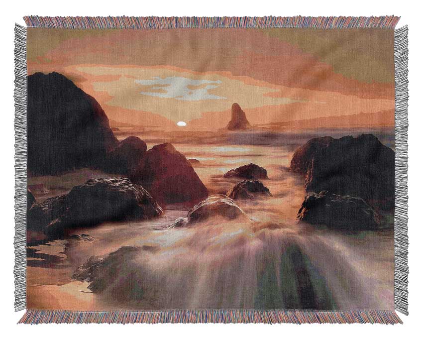 Ocean Waves Spilling On The Rocks Woven Blanket