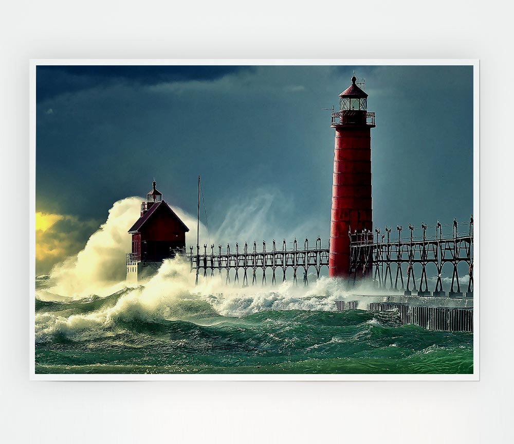 Lighthouse Stormy Sea Print Poster Wall Art